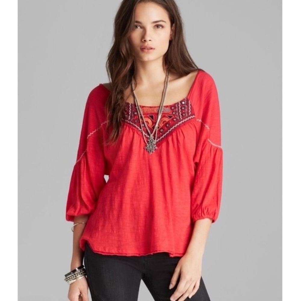 Free People Santa Fe Bohemian Top Red Embroidered Stitch Oversized Boho Size XS